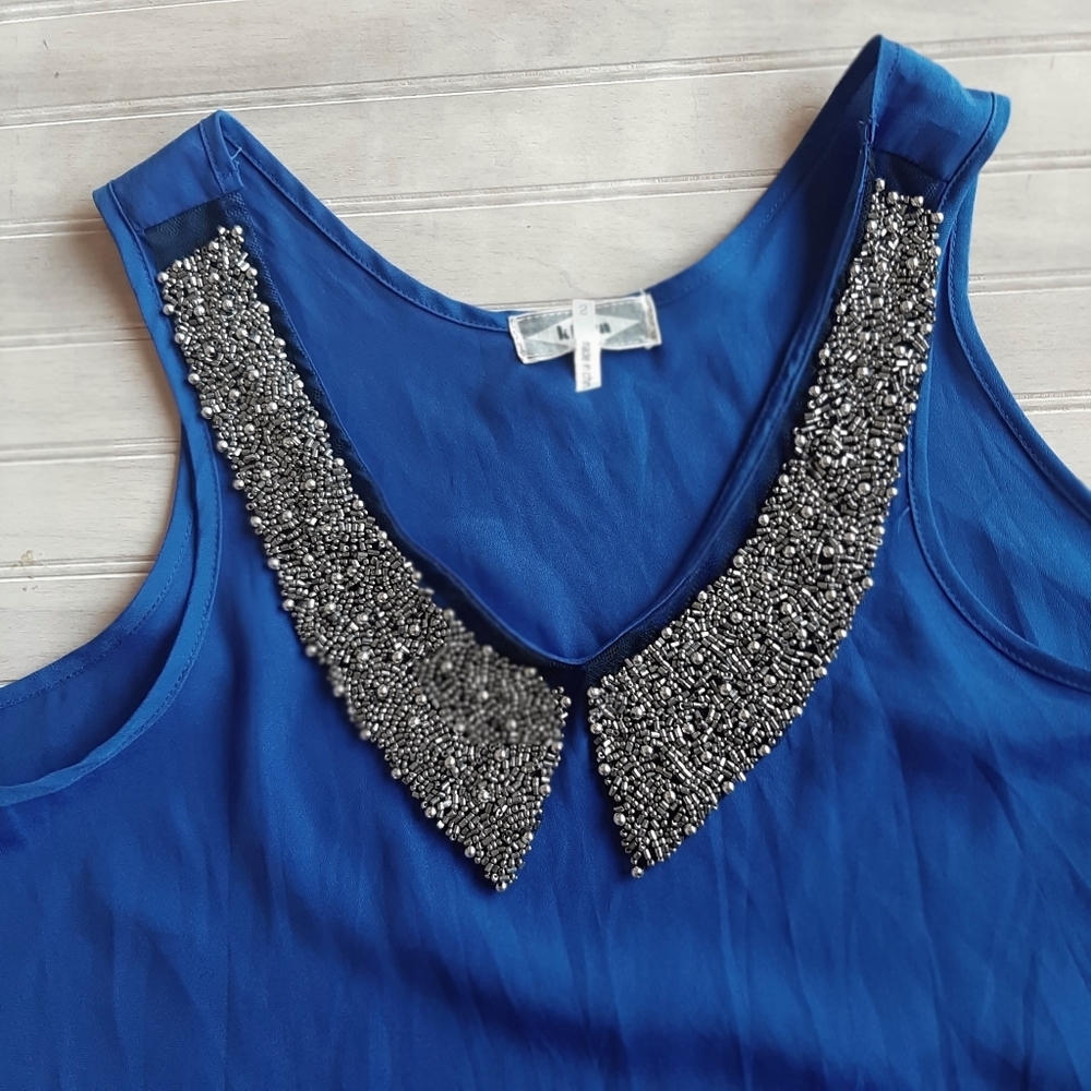 Kirra Beaded Peter Pan Collar Royal Blue Lightweight Retro Dressy Satin Tank